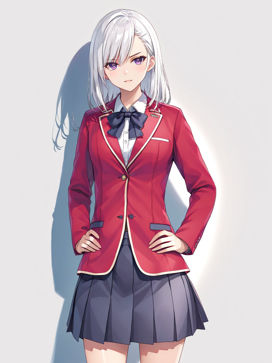 //Character, solo, 1girl, white hair, purple eyes,
//Fashion, school uniform, red jacket, pleated skirt,
//Background, simple background, 
//Quality, (masterpiece), best quality, ultra-high resolution, ultra-high definition, highres, intricate, intricate details, absurdres, highly detailed, finely detailed, ultra-detailed, ultra-high texture quality, natural lighting, natural shadow, dramatic shading, dramatic lighting, vivid colour, perfect anatomy, 
//Others, 