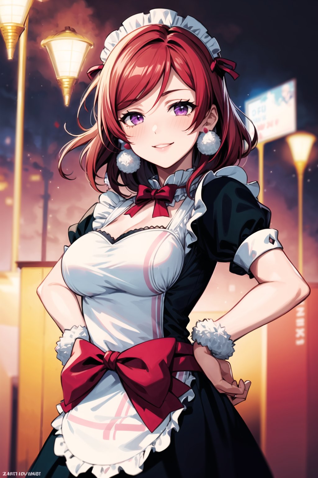 (best quality), (highly detailed), masterpiece, (official art), (((pom pom earrings:1.2))),Mogyutto Maid, 1girl, solo, blush, smile, short hair, bow, purple eyes, short sleeves, hair bow, heart, red hair, apron, wrist cuffs, maid, maid headdress, nishikino maki, blurry background,depth of field, best quality, masterpiece, intricate details, tonemapping, sharp focus, hyper detailed, trending on Artstation,Mogyutto Maid,