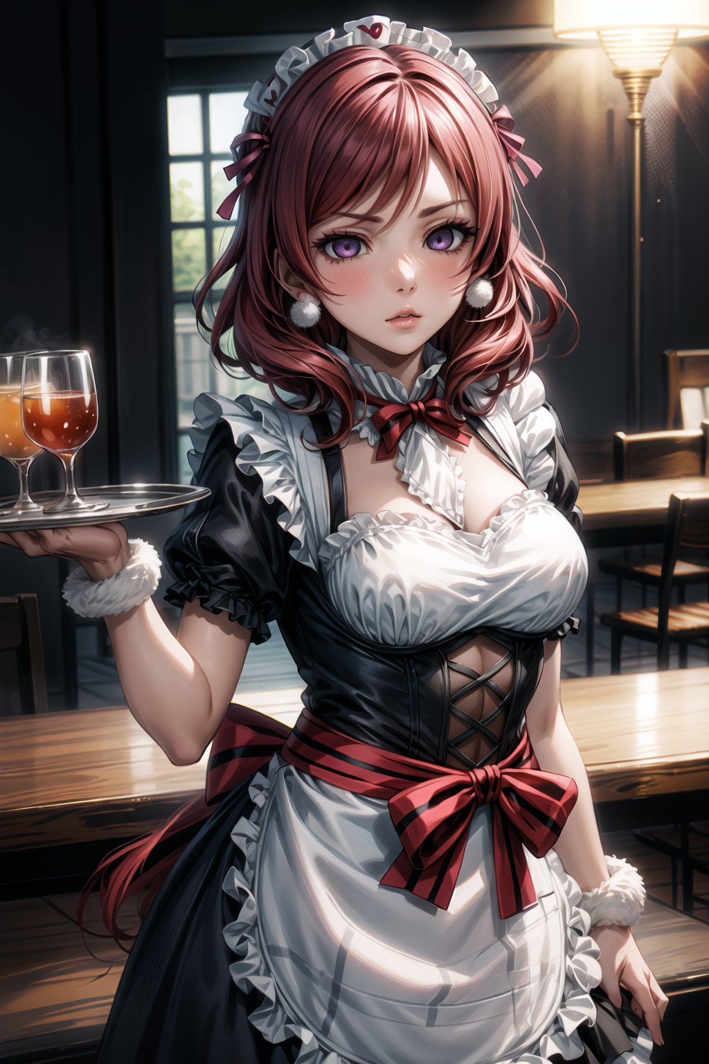 (best quality), (highly detailed), masterpiece, (official art), pom pom earrings:1.2, holding tray, tray, alcohol, bar, waitress, Mogyutto Maid, 1girl, solo, blush, expressionless, lips, short hair, bow, purple eyes, short sleeves, hair bow, heart, red hair, apron, wrist cuffs, maid, maid headdress, nishikino maki, blurry background,depth of field, best quality, masterpiece, intricate details, tonemapping, sharp focus, hyper detailed, trending on Artstation,Mogyutto Maid,((empty eyes))