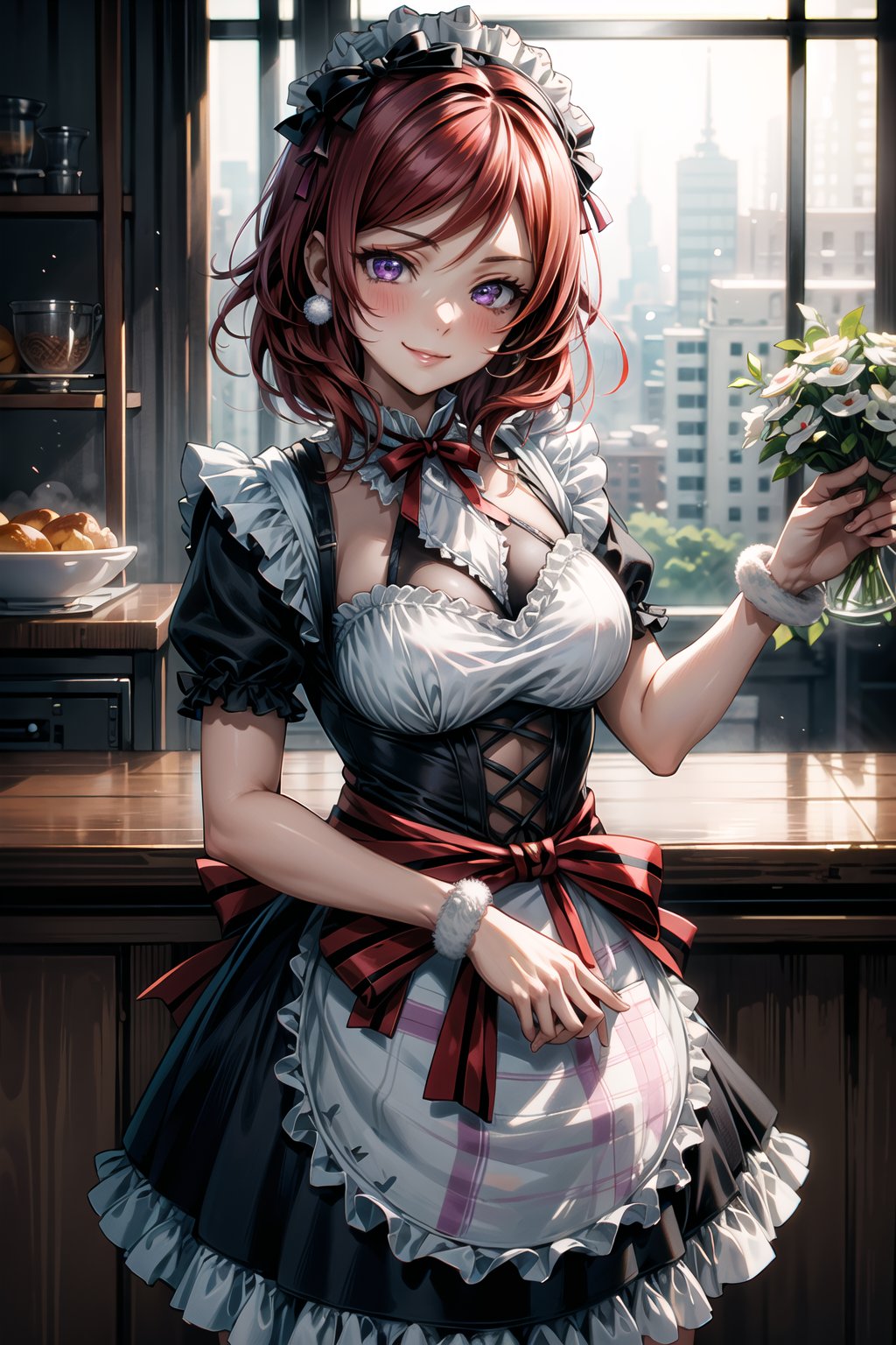 (best quality), (highly detailed), masterpiece, (official art), pom pom earrings:1.2,Mogyutto Maid, 1girl, solo, blush, smile, short hair, bow, purple eyes, short sleeves, hair bow, heart, red hair, apron, wrist cuffs, maid, maid headdress, nishikino maki, blurry background,depth of field, best quality, masterpiece, intricate details, tonemapping, sharp focus, hyper detailed, trending on Artstation,Mogyutto Maid,