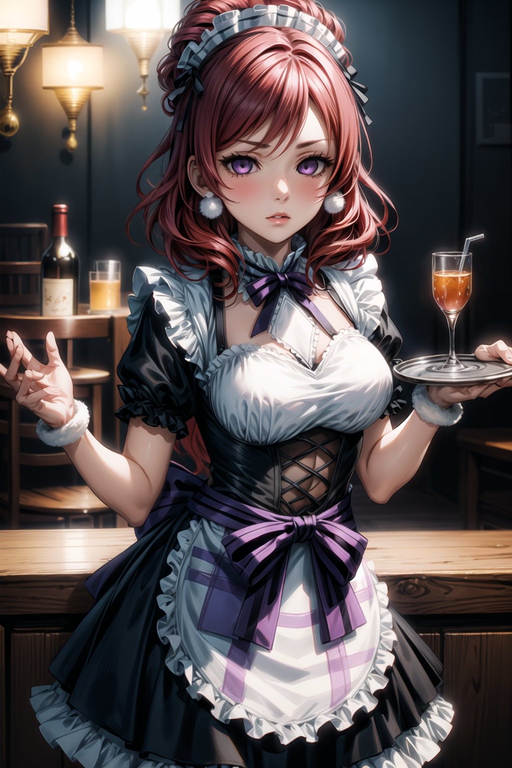 (best quality), (highly detailed), masterpiece, (official art), pom pom earrings:1.2, holding tray, tray, alcohol, bar, waitress, Mogyutto Maid, 1girl, solo, blush, expressionless, lips, short hair, bow, purple eyes, short sleeves, hair bow, heart, red hair, apron, wrist cuffs, maid, maid headdress, nishikino maki, blurry background,depth of field, best quality, masterpiece, intricate details, tonemapping, sharp focus, hyper detailed, trending on Artstation,Mogyutto Maid,((empty eyes))