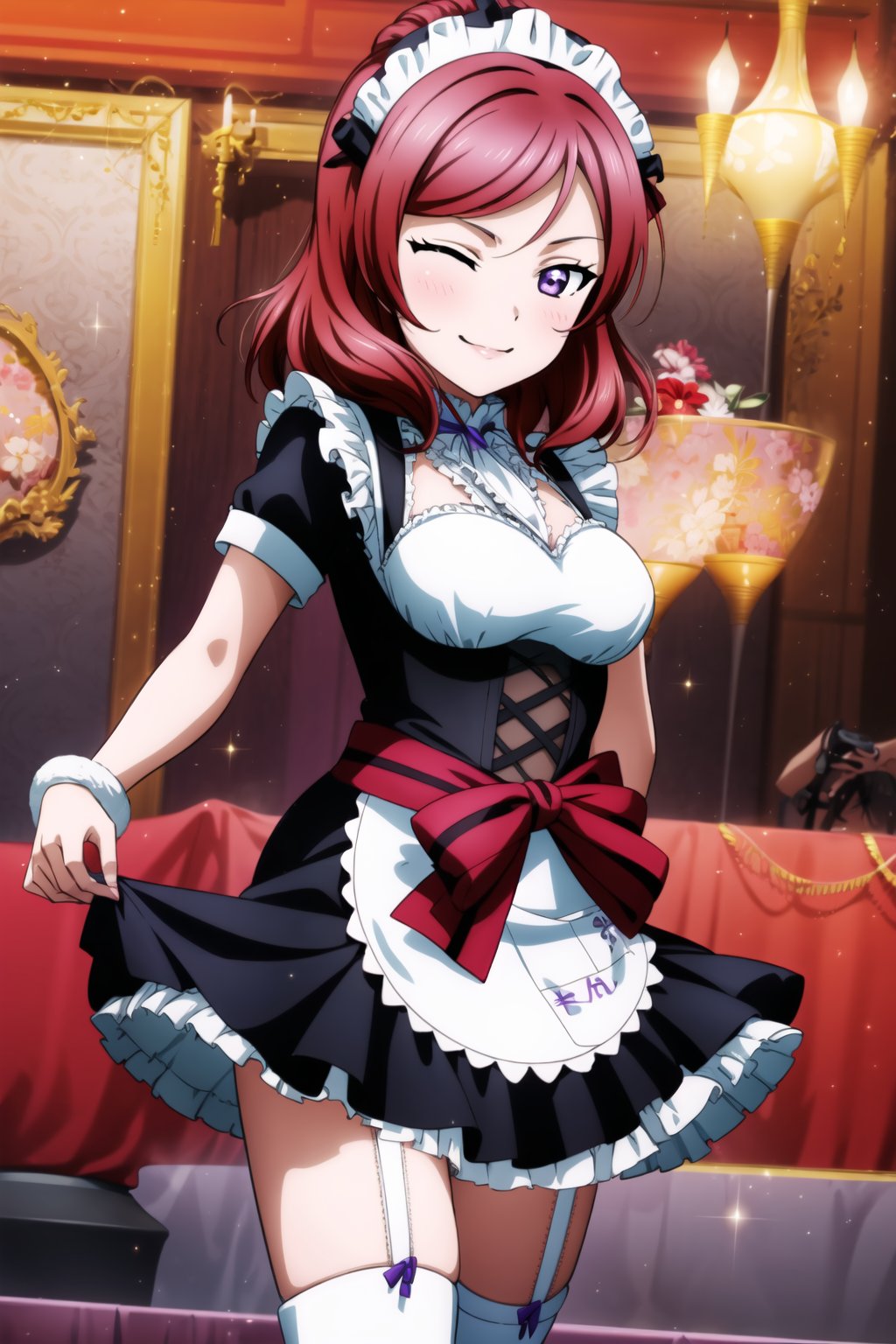 (best quality), (highly detailed), masterpiece, (official art), Mogyutto Maid, 1girl, solo, blush, smile, short hair, skirt, thighhighs, bow, purple eyes, hair bow, red hair, one eye closed, apron, maid, maid headdress, garter straps, ;), skirt hold, nishikino maki, blurry background,depth of field, best quality, masterpiece, intricate details, tonemapping, sharp focus, hyper detailed, trending on Artstation,Mogyutto Maid,