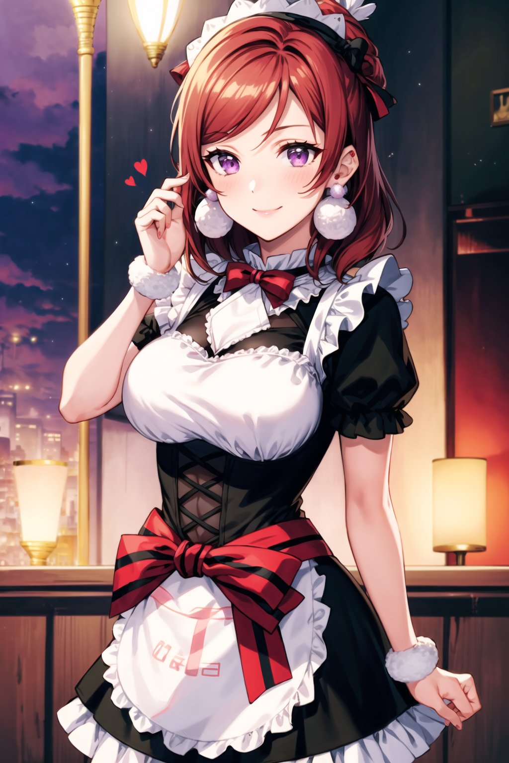 (best quality), (highly detailed), masterpiece, (official art), (((pom pom earrings:1.2))),Mogyutto Maid, 1girl, solo, blush, smile, short hair, bow, purple eyes, short sleeves, hair bow, heart, red hair, apron, wrist cuffs, maid, maid headdress, nishikino maki, blurry background,depth of field, best quality, masterpiece, intricate details, tonemapping, sharp focus, hyper detailed, trending on Artstation,Mogyutto Maid,