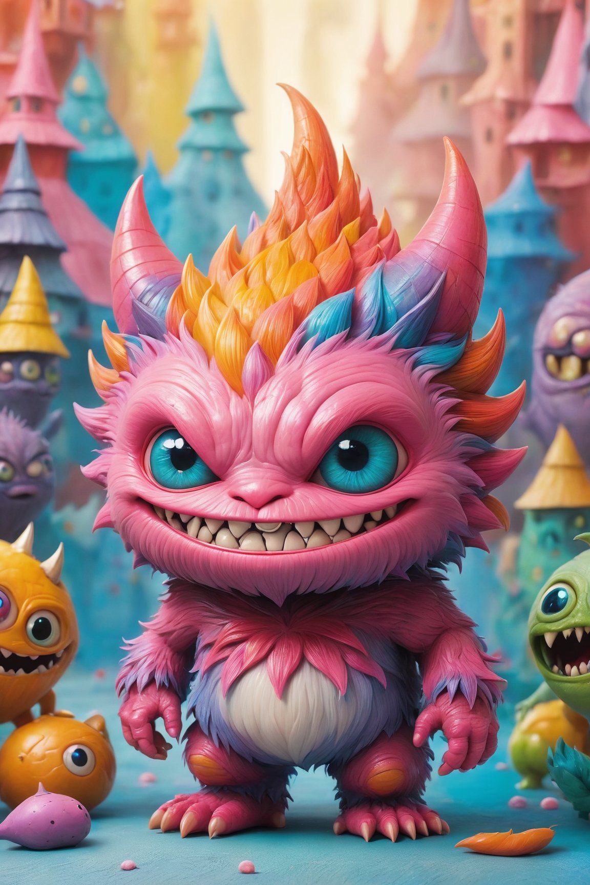 (best quality,8K,highres,masterpiece), ultra-detailed, capturing the whimsical essence of a cute, tiny monster with a distinctly creepy smile. This creature, while small in stature, boasts an array of vibrant colors and textures, making it stand out with its unique charm. Despite its eerie grin, there's an undeniable allure to its appearance, blending elements of the adorable with the slightly unsettling. The monster's eyes sparkle with mischief, suggesting a playful nature behind its unnerving smile. Its skin is highly textured, showcasing an array of soft, pastel shades that contrast with the darker, more mysterious tones of its grin. The background is deliberately blurred, focusing attention on the creature's expressive face and the intricate details that define its character. This portrayal combines the innocent with the eerie, inviting viewers into a world where even the smallest monsters carry a mix of cuteness and mystery.