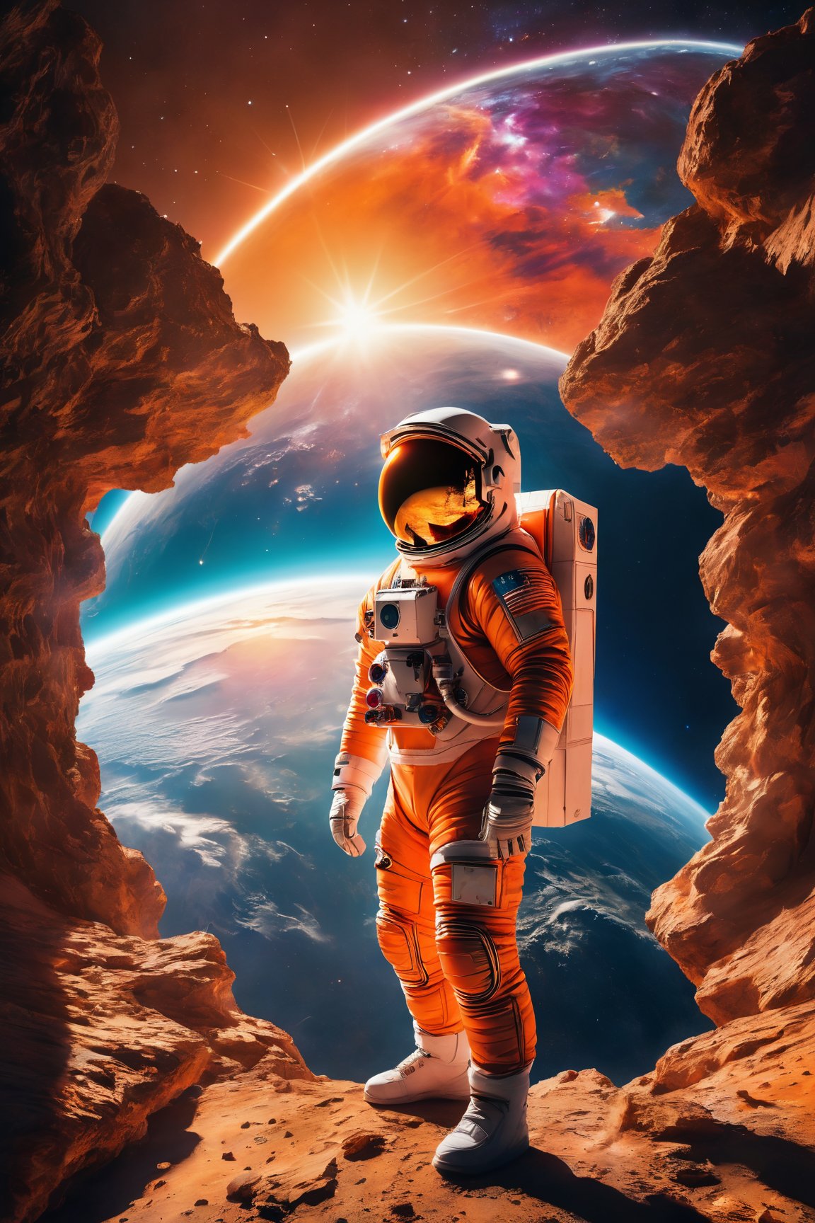 (best quality,4k,highres,masterpiece:1.2),ultra-detailed,realistic,photorealistic:1.37,astronaut,orange astronaut outfit,standing against a sunset background,surreal atmosphere,cosmic colors,vibrant orange tones,striking silhouette,star-filled sky,awe-inspiring view,glowing helmet reflection,flawless spacesuit,ornate details,meticulously crafted visor,elegant posing,captivating celestial scenery,serene and dreamlike setting,extravagant cosmic perspective,ray of sunlight illuminating the astronaut,sublime space exploration,otherworldly experience