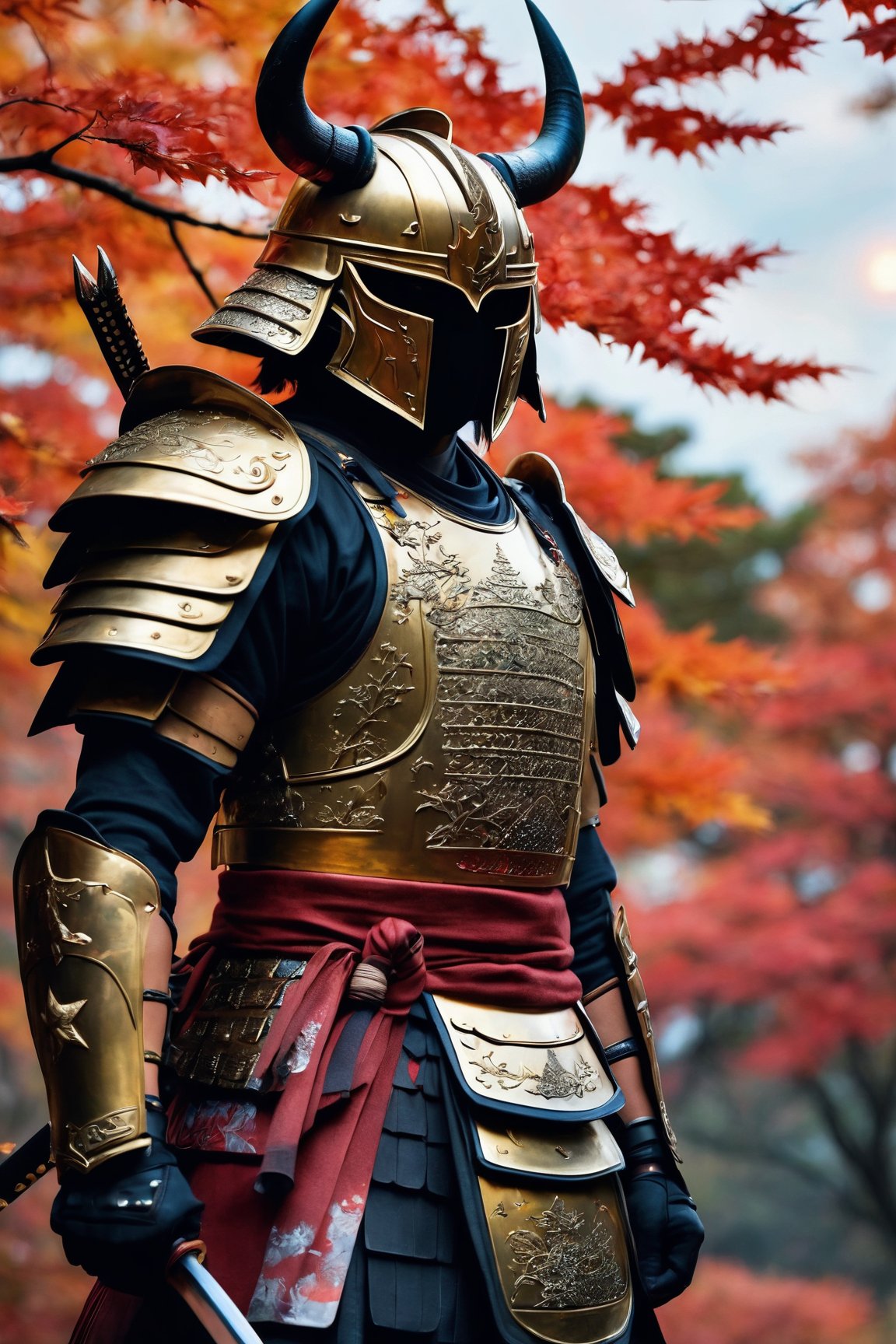 (best quality,8K,highres,masterpiece), ultra-detailed,photorealistic, hyper realistic, 1boy,male focus,outdoors,horns,sky,armor,tree,night,helmet,shoulder armor,star (sky),night sky,starry sky,japanese armor,autumn leaves,samurai,kabuto (helmet)