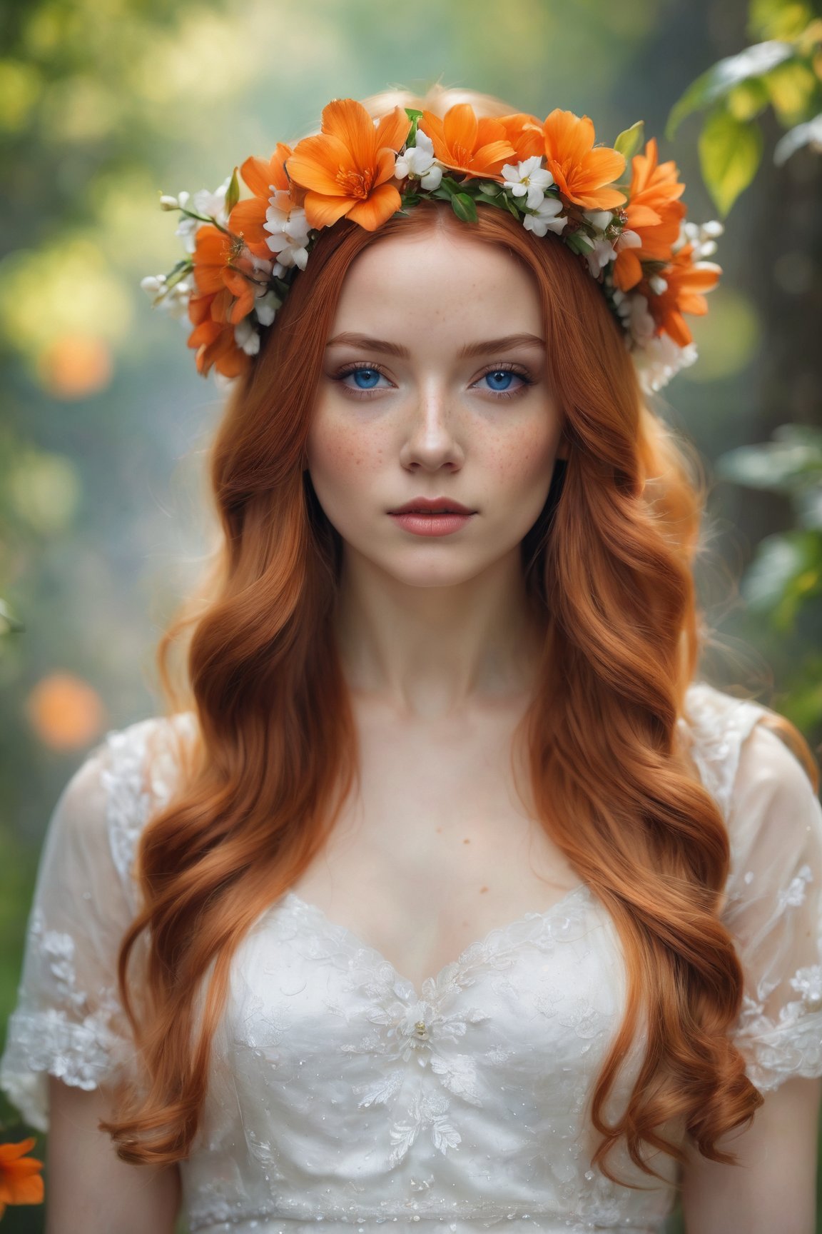 (best quality, 4k, 8k, highres, masterpiece:1.2), ultra-detailed, (realistic, photorealistic, photo-realistic:1.37),hyper realistic, 1girl,long hair,looking at viewer,realistic proportions,blue eyes,hair ornament,dress,very long hair,flower,red hair,parted lips,necklace,white dress,orange hair,lips,blurry background,freckles,realistic,head wreath,orange flower,realistic portrait