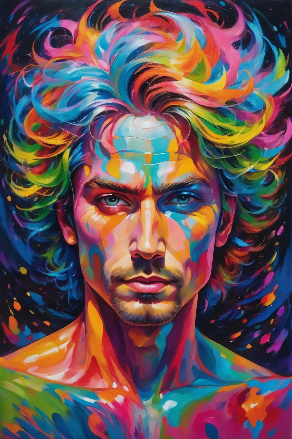 (best quality, 8K, highres, masterpiece), ultra-detailed, (super colorful, vibrant), in a mesmerizing and swirling composition, an ethereal madman with wild, multi-hued hair and an enigmatic, mischievous grin captivates viewers. The neon painting bursts with a kaleidoscope of vivid and contrasting shades that bring the character to life in a dazzling display of colors. Elongated limbs and vibrant, pointed facial features add an element of energetic expression and intrigue, while the artist's intricate and vibrant brushwork showcases a masterful skill and unwavering attention to detail. This high-quality image transports us into a world of awe-inspiring wonder, evoking a sense of curiosity and fascination