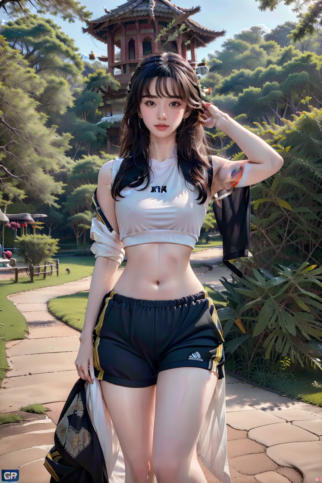 1girl, indian girl, pale skin, woman wearing a gym outfit, long hair, in a park, solo, mastepiece, 8k, high_res, studio lighting, hyperdetailed,photorealistic,(Gianna2:1.3)