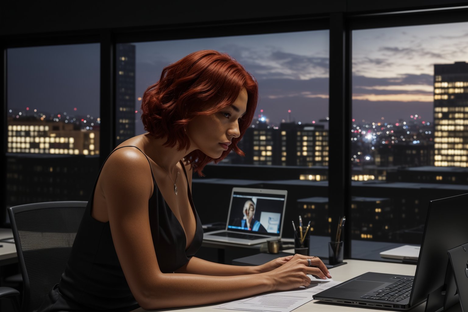 (Masterpiece, best quality, hi_res, extreme detail, perfect anatomy, perfect face), 1 sexy woman,fiery red hair,beautiful labia,sat at her desk with a frown on her face. She was thinking hard in front of the computer. She had a PPT for tomorrow's meeting that she hadn't finished yet. It was already late at night, and she was the only one in the office still working overtime. Outside the glass curtain wall behind her is the bustling night of the city, reflecting her hard work.,androide18,sciamano240,photorealistic