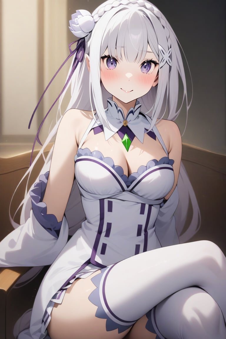 masterpiece, best quality, very aesthetic, absurdres, (newest), 1girl, emilia \(re:zero\), solo, long hair, breasts, looking at viewer, smile, bangs, skirt, hair ornament, thighhighs, long sleeves, dress, ribbon, cleavage, medium breasts, sitting, closed mouth, purple eyes, hair ribbon, braid, flower, white hair, pleated skirt, frills, detached sleeves, pointy ears, shiny, indoors, hair flower, miniskirt, wide sleeves, blunt bangs, white dress, shiny hair, white thighhighs, zettai ryouiki, white skirt, crossed legs, x hair ornament, white flower, purple ribbon, crown braid, white rose, (emilia-XL)