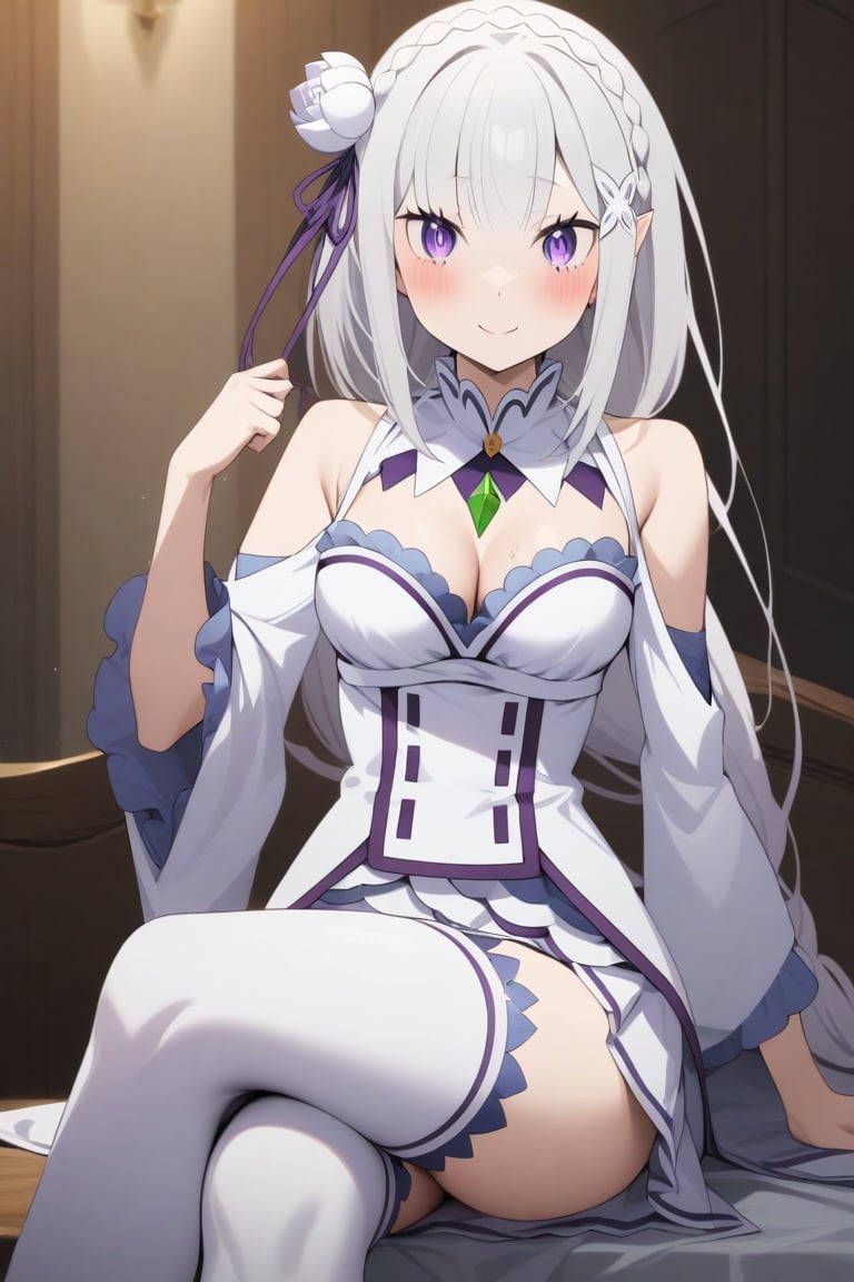 masterpiece, best quality, very aesthetic, absurdres, (newest), 1girl, emilia \(re:zero\), solo, long hair, breasts, looking at viewer, smile, bangs, skirt, hair ornament, thighhighs, long sleeves, dress, ribbon, cleavage, medium breasts, sitting, closed mouth, purple eyes, hair ribbon, braid, flower, white hair, pleated skirt, frills, detached sleeves, pointy ears, shiny, indoors, hair flower, miniskirt, wide sleeves, blunt bangs, white dress, shiny hair, white thighhighs, zettai ryouiki, white skirt, crossed legs, x hair ornament, white flower, purple ribbon, crown braid, white rose, (emilia-XL)