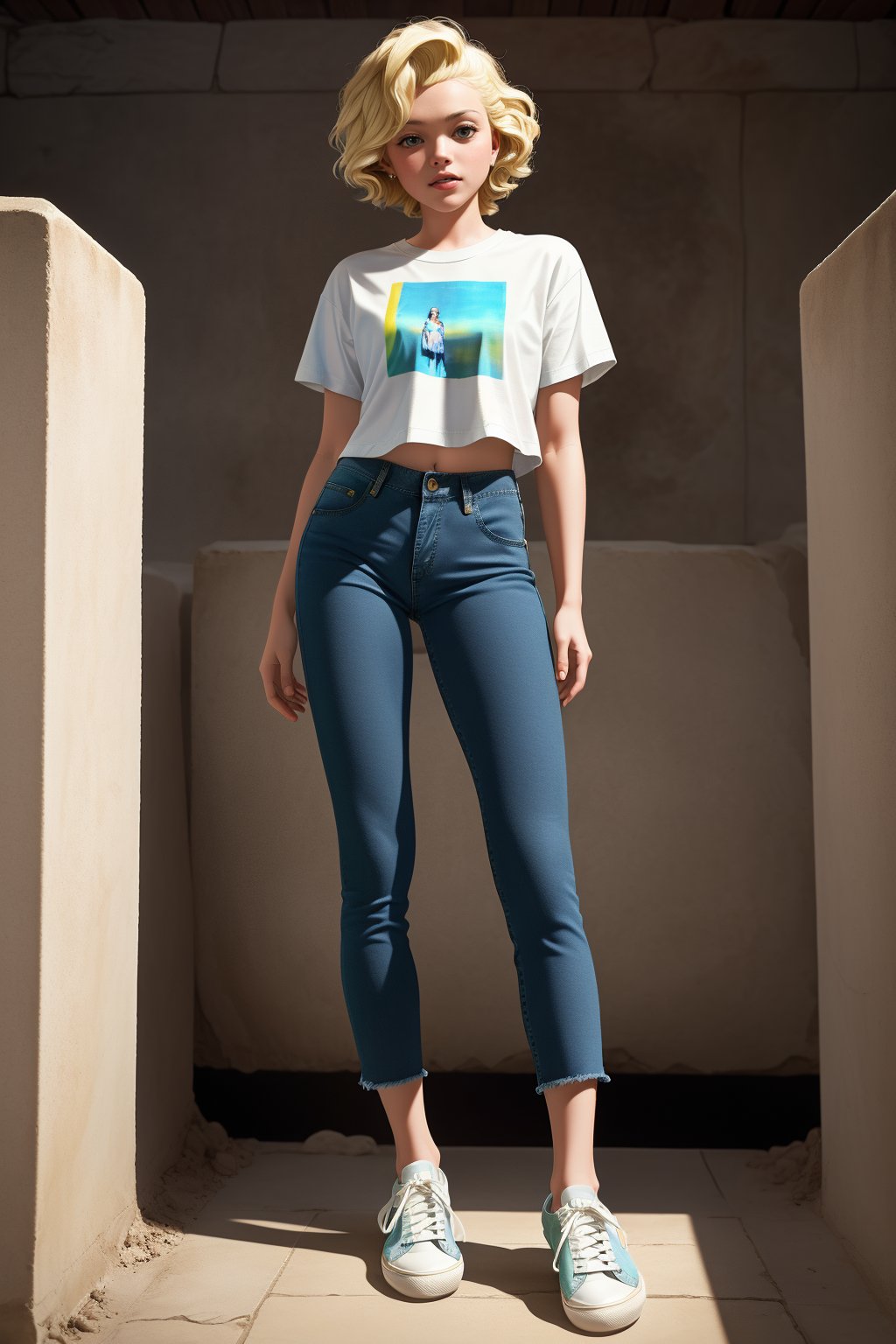 in the ancient tomb,soft cold light,a girl,fiery red Marilyn Monroe's classic hairstyle,green eyes,perfect body,black cotton bottoming T-shirt, light blue tight denim cropped pants,yellowed canvas sneakers,detailed skin texture and fabric rendering, full-body_portrait,