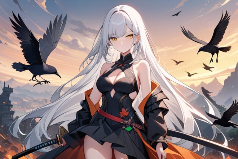 1girl, long white hair, yellow eyes, black dress, holding a katana sword, High detail, crows, (xx)1girl, masterpiece, best quality, 8K, high resolution, absurdities:1.2, masterpiece, best quality, ultra detailed , illustration,1 girl,fantasy,bright,apocalypse