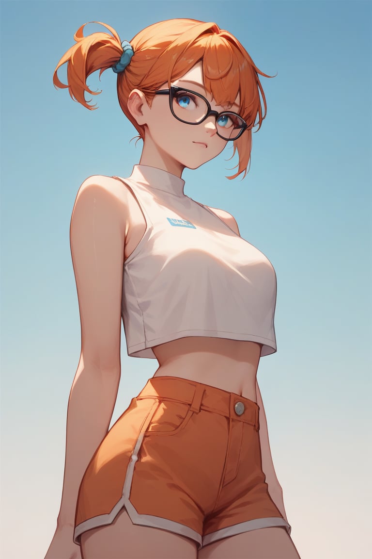 score_9, score_8_up, score_8,, (masterpiece, best quality), 1girl,  pkmnmisty, 1girl, solo, blue eyes, glasses, orange hair, short hair, side ponytail, bangs, hair tie,, white shirt, crop top, sleeveless, short shorts, perfect boobs, score_7_up