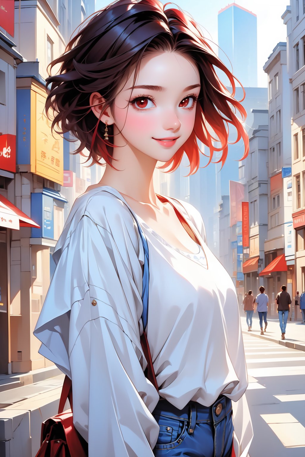 Pretty and beautiful girl. She wears a very fancy summer casual outfit (jeans, blouse). She is a very badass. Hyperdetailing masterpiece, hyperdetailing skin, masterpiece quality, with 4k resolution. Tender gaze. Short hair,  hair. Red eyes. She is smiling. City in background. beautiful and shiny skin, beautiful and detailed eyes, beautiful and detailed outfit. Detailed hands. Beautiful adbomen. proportional body.