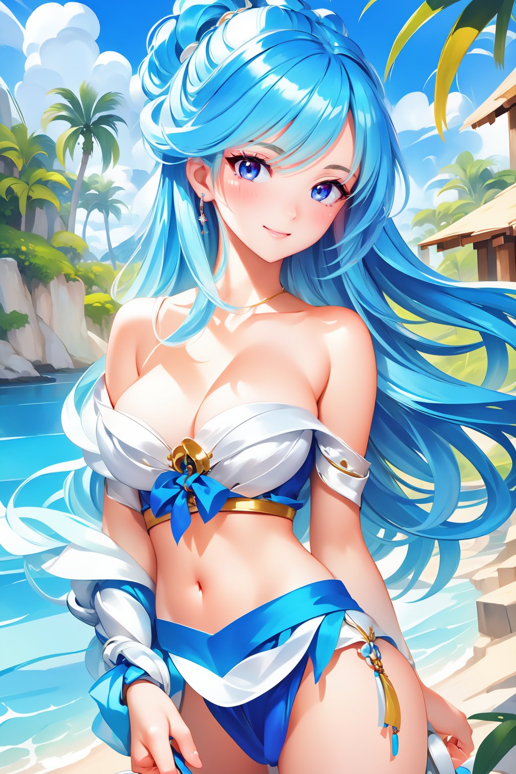 Pretty and beautiful girl. She wears a very fancy two-piece suimsuit. She is a very badass. Hyperdetailing masterpiece, hyperdetailing skin, masterpiece quality, with 4k resolution. Tender gaze. Long hair, light blue hair. Beautiful eyes. She is smiling. Beach in background. beautiful and shiny skin, beautiful and detailed eyes, beautiful and detailed outfit. Detailed hands. Beautiful adbomen. proportional body.