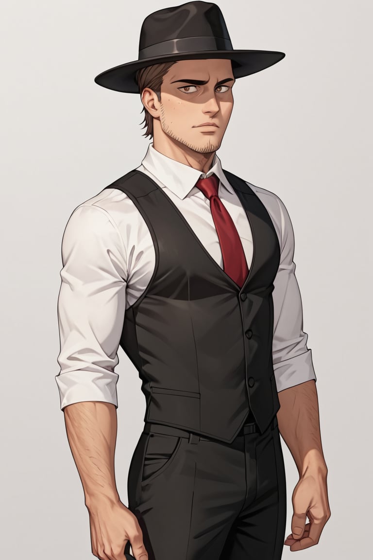 score_9, score_8_up, score_7_up, solo male, , Jean Kirstein, brown hair, light-brown eyes, thin eyebrows, facial hair, stubble, white collared shirt, vest, 3 pieces suit, red necktie, fedora hat, handsome, charming, alluring, full body, perfect anatomy, perfect proportions, best quality, masterpiece, high_resolution, dutch angle, cowboy shot, italian ciry harbor, seaside ciryscape, (perfect face, perfect eyes:1.3)