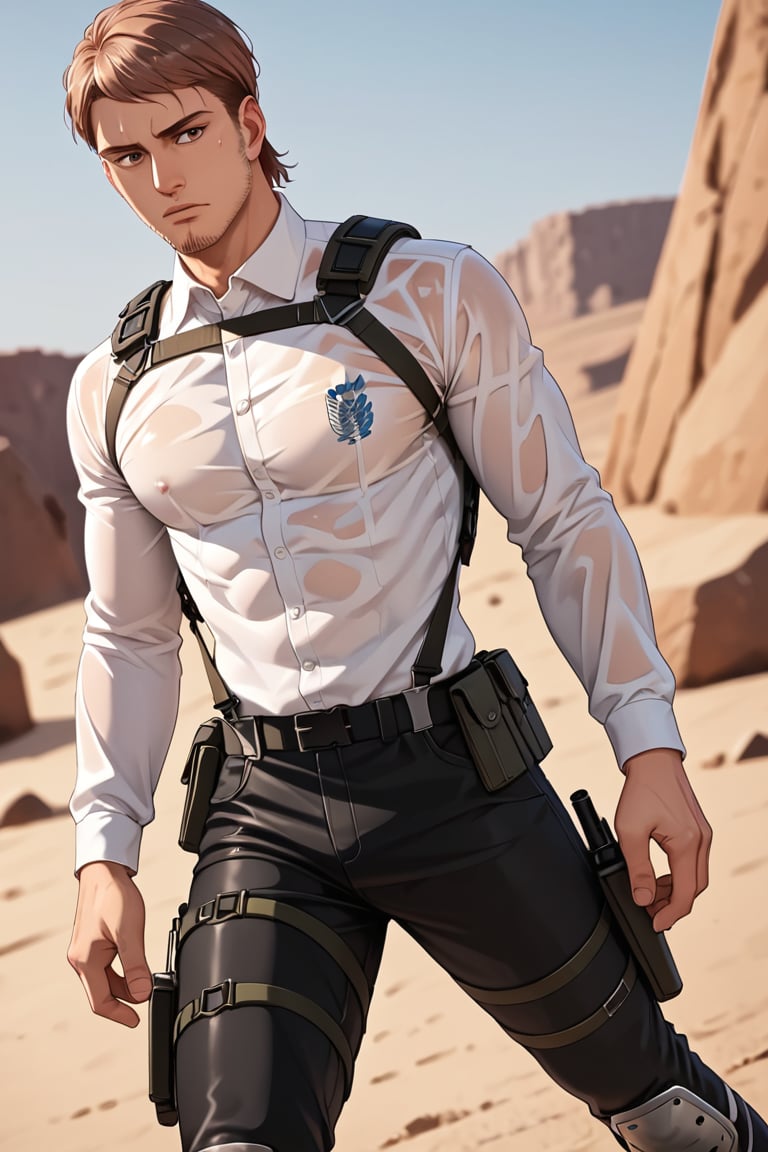 score_9, score_8_up, score_7_up, solo male, , Jean Kirstein, brown hair, light-brown eyes, thin eyebrows, facial hair, stubble, white collared shirt, wet shirt, long sleeves, black pants, three-dimensional maneuver gear, black combat boots, handsome, charming, alluring, full body, perfect anatomy, perfect proportions, best quality, masterpiece, high_resolution, dutch angle, cowboy shot, red rock desert background, (perfect face, perfect eyes:1.3)