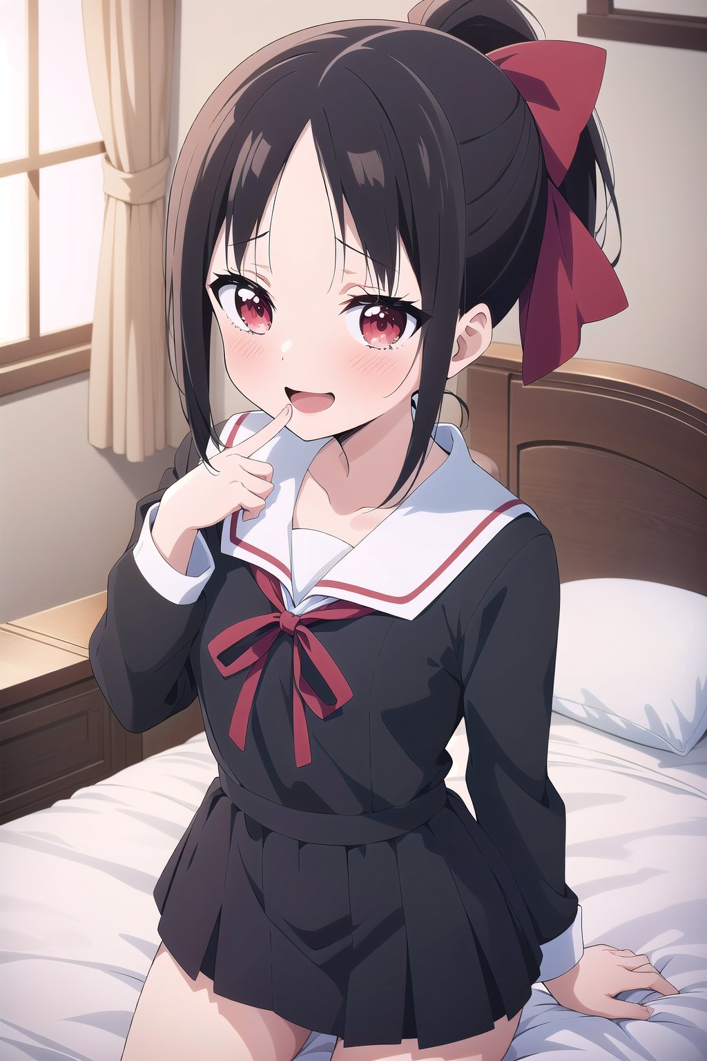 masterpiece, best quality, very aesthetic, absurdres, (recent), nsfw, 1girl, solo, looking at viewer, blush, smile, short hair, open mouth, bangs, black hair, red eyes, long sleeves, dress, ribbon, school uniform, collarbone, hair ribbon, sidelocks, indoors, black dress, red ribbon, parted bangs, pillow, bed, finger to mouth, arm behind back, folded ponytail, shuuchiin academy school uniform, shinomiya kaguya, (artsc)