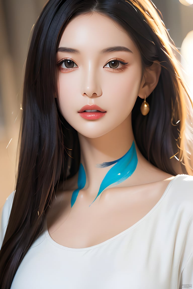  Best quality, masterpiece, ultra high res, (photorealistic:1.2), a girl,Depth of field, golden hour, (rim lighting:1.1), soft shadows, vibrant colors, hazy glow, painterly effect, dreamy atmosphere,A clear face,Black hair, long hair, straight hair,( white clothes:1.2),Tight clothes,Close-fitting clothes,Perfect facial features,Amazing beauty,collarbone, slender waist, colored lead, national style, (hand painting:1.3), mystery,