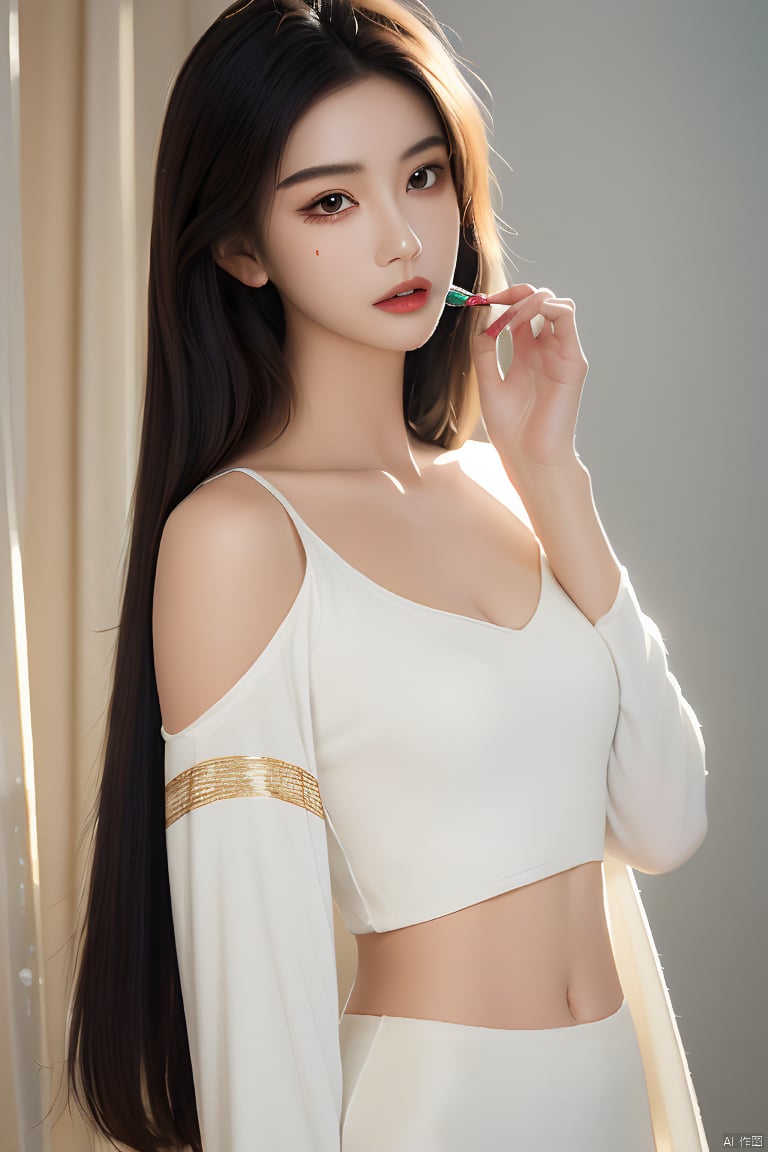  Best quality, masterpiece, ultra high res, (photorealistic:1.2), a girl,Depth of field, golden hour, (rim lighting:1.1), soft shadows, vibrant colors, hazy glow, painterly effect, dreamy atmosphere,A clear face,Black hair, long hair, straight hair,( white clothes:1.2),Tight clothes,Close-fitting clothes,Perfect facial features,Amazing beauty,collarbone, slender waist, colored lead, national style, (hand painting:1.3), mystery, 1 girl