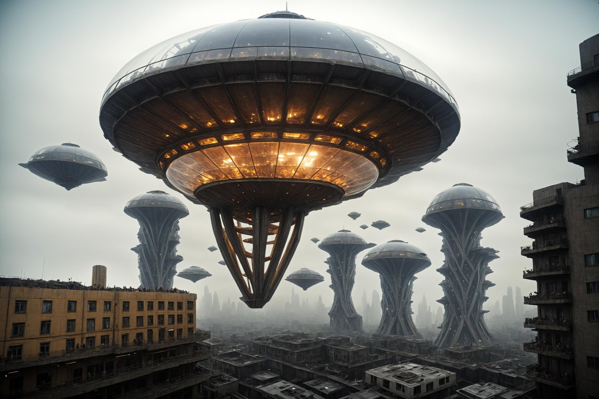 A new type of flying ship for sightseeing in the city of the future with glass dome,  Residents live in a sizable number o...