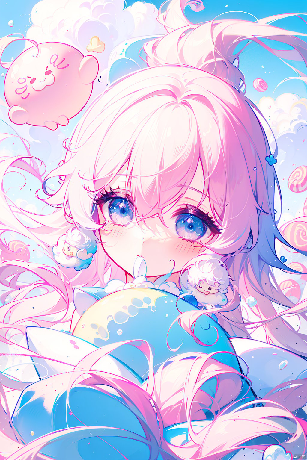  1 girl, chibi proportions, exaggerated facial features, pastel candyland environment, floating clouds shaped like sweets, giant ice cream mountains, cotton candy trees, hypercolor palette, whimsical fonts, cartoonish shadows.