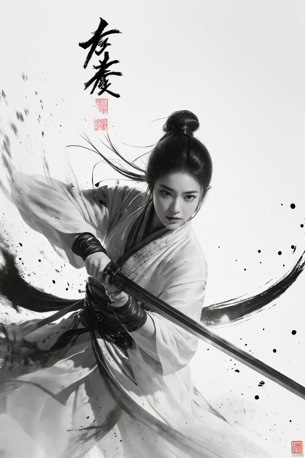  a girl, smwuxia,chinese text,blood, weapon:sw,blood splatter,motion blur,text