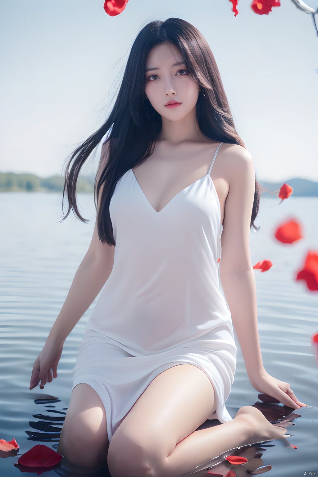  1girl,red eyes,white long translucent night gown,expressionless,(white hair),hair cover one eye,long hair,red hair flower,kneeling on lake,blood,(plenty of red petals:1.05),(white background:1.2),