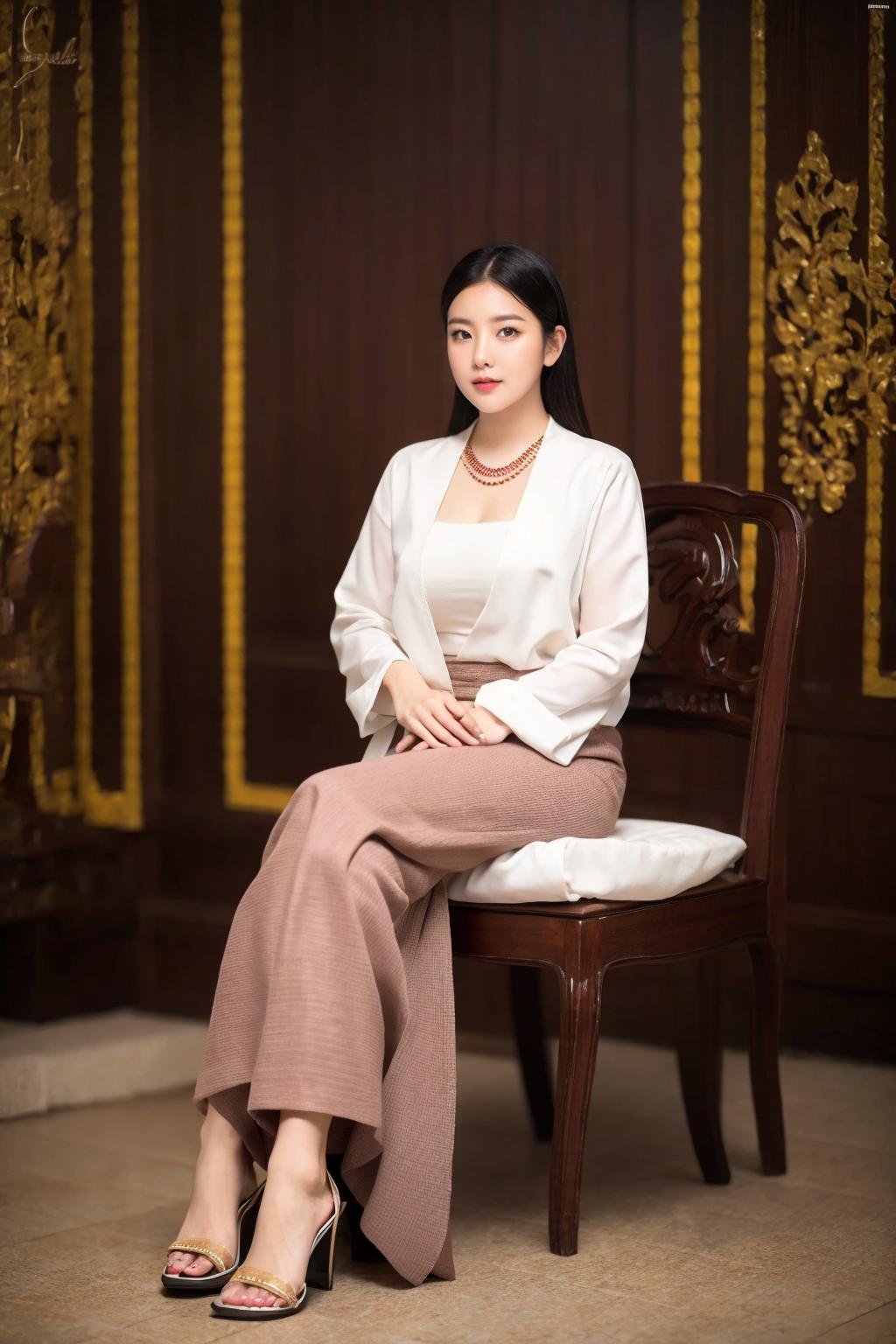 <lora:Myanmar_Traditional_Costume:0.9>,looking at viewer,cowboy shot,myanmar_dress,1girl,jewelry,solo,sitting,necklace,chair,sandals,realistic,black hair,crossed legs,