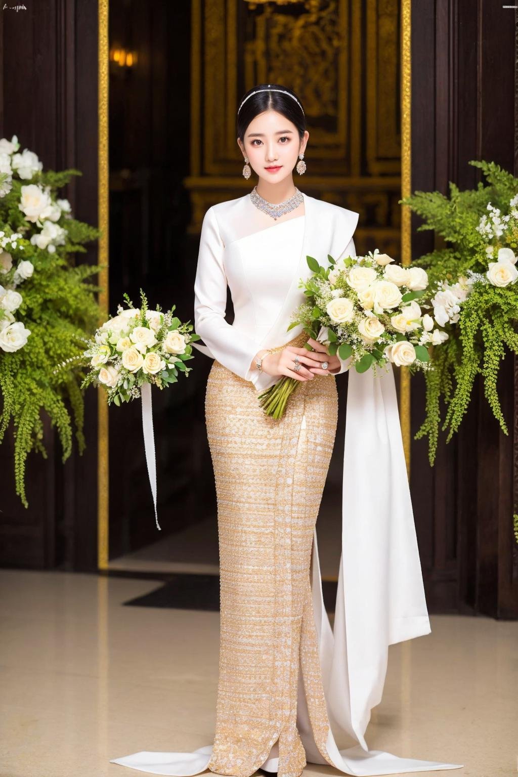 <lora:Myanmar_Traditional_Costume:0.8>,myanmar_dress,myanmar_dress,1girl,jewelry,solo,earrings,ring,flower,looking at viewer,holding,black hair,bouquet,looking at viewer,full body,