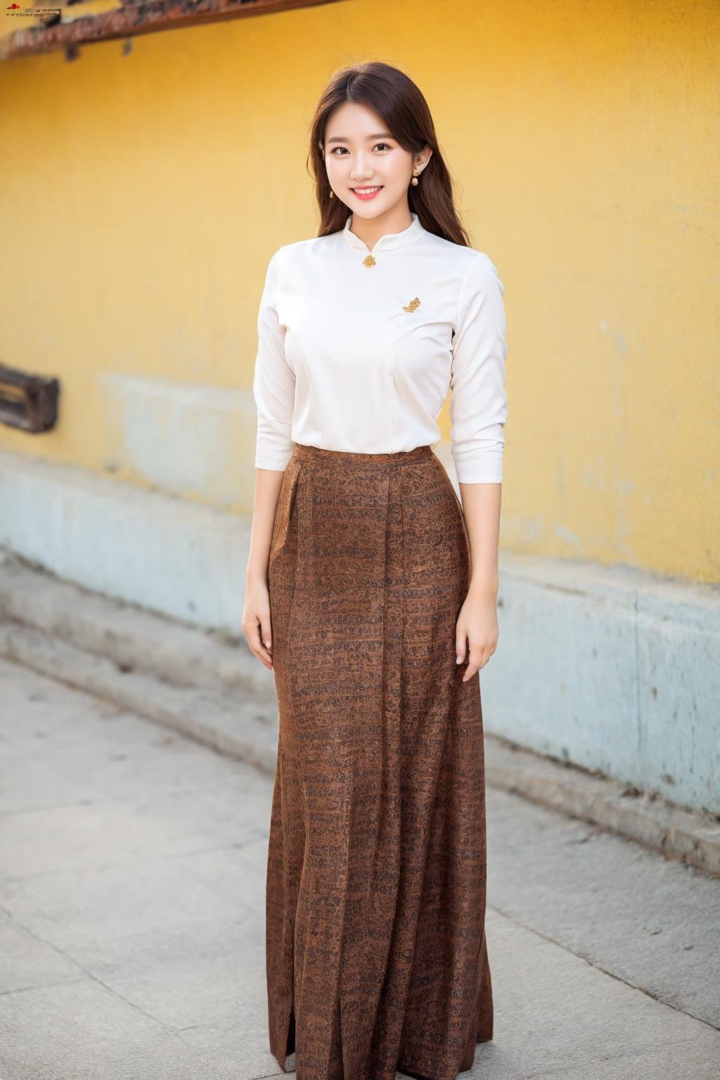 <lora:Myanmar_Traditional_Costume:1>,myanmar_dress,looking at viewer,cowboy shot, myanmar_dress, 1girl, solo, long skirt, skirt, jewelry, earrings, sandals, long hair, smile, brown hair