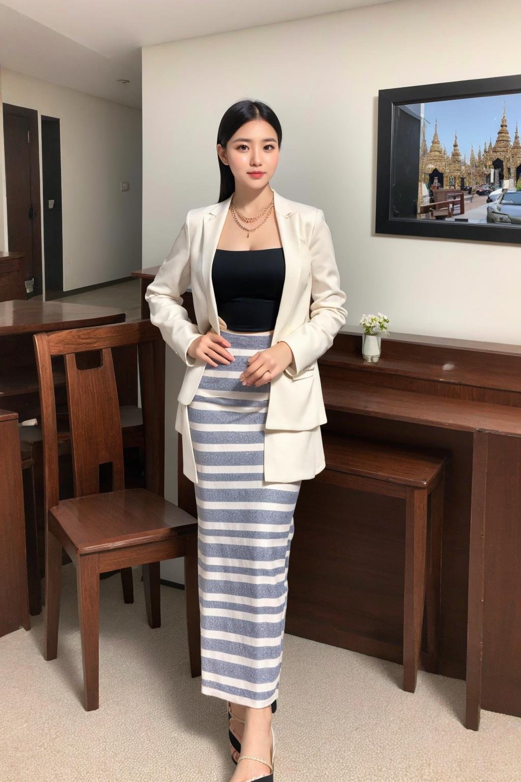 <lora:Myanmar_Traditional_Costume:0.9>,looking at viewer,cowboy shot,myanmar_dress,1girl,jewelry,solo,standing with hands on hips,necklace,chair,sandals,realistic,black hair,crossed legs,