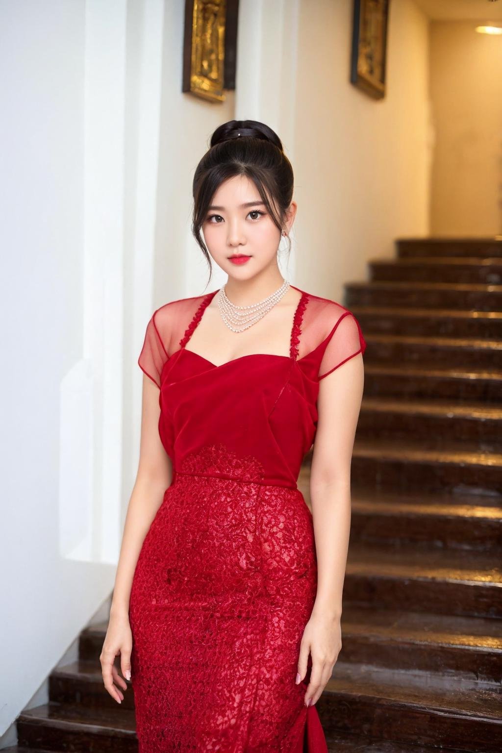 <lora:Myanmar_Traditional_Costume:1>,looking at viewer,cowboy shot,closet, myanmar_dress, 1girl, dress, solo, jewelry, black hair, stairs, necklace, red dress, looking at viewer, hair bun