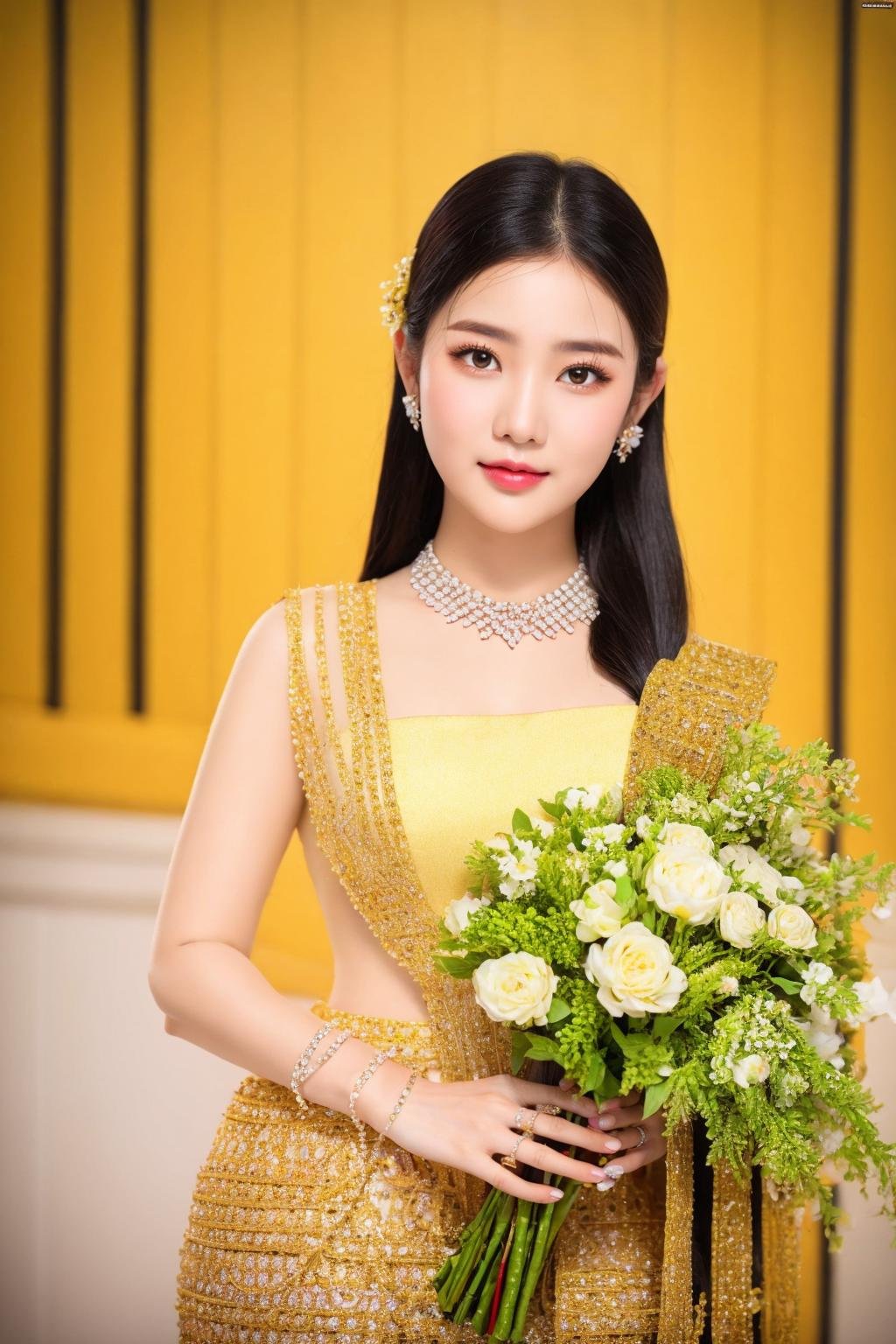 <lora:Myanmar_Traditional_Costume:1>,myanmar_dress,myanmar_dress,1girl,jewelry,solo,earrings,ring,flower,looking at viewer,holding,black hair,bouquet,looking at viewer,cowboy shot,