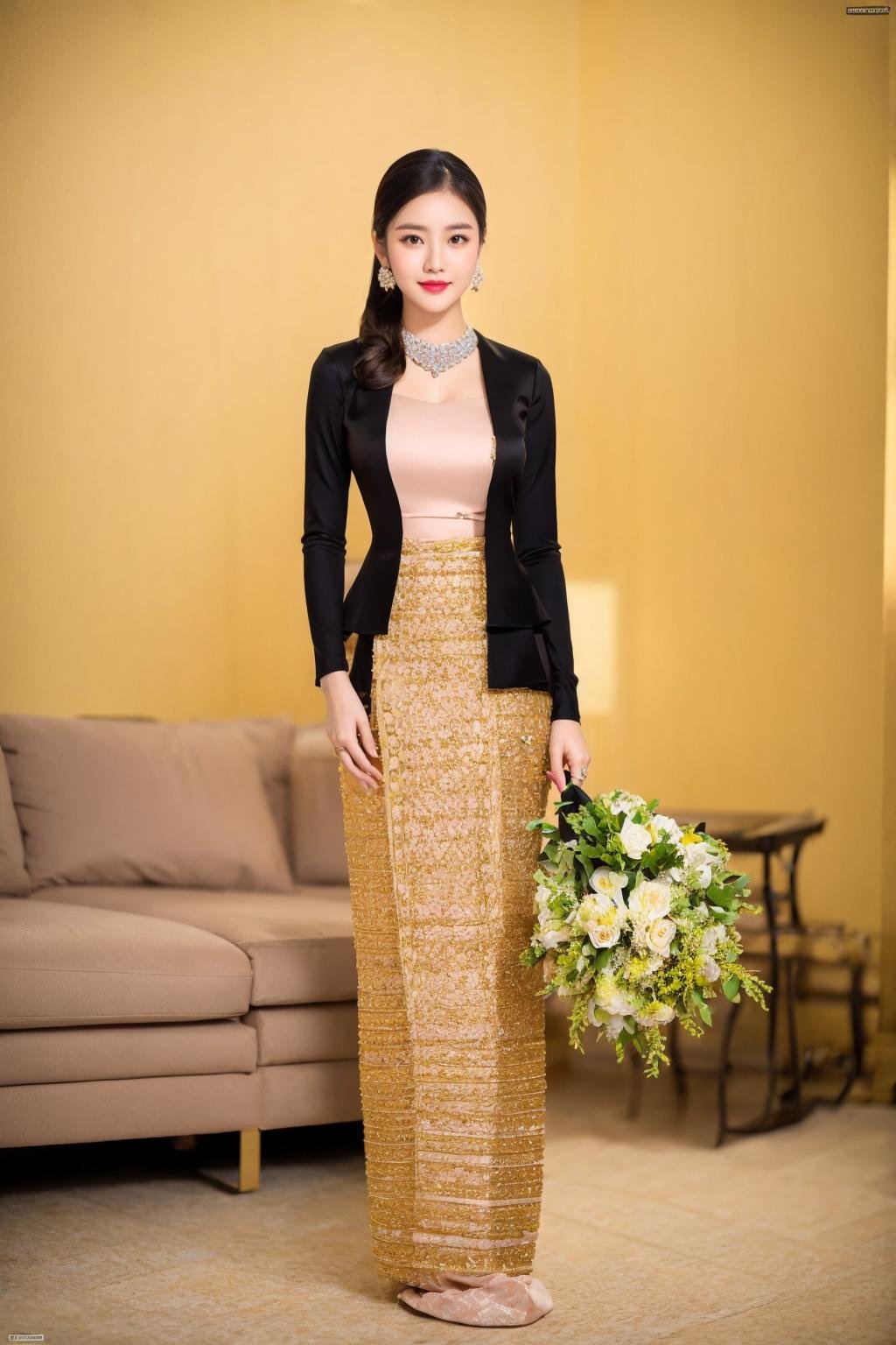 <lora:Myanmar_Traditional_Costume:1>,myanmar_dress,myanmar_dress,1girl,jewelry,solo,earrings,ring,flower,looking at viewer,holding,black hair,bouquet,looking at viewer,full body,