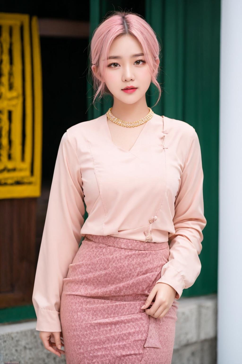 <lora:Myanmar_Traditional_Costume:1>,myanmar_dress,looking at viewer,cowboy shot, myanmar_dress, 1girl, solo, skirt, jewelry, necklace, looking at viewer, pink hair, bracelet, long sleeves, shirt