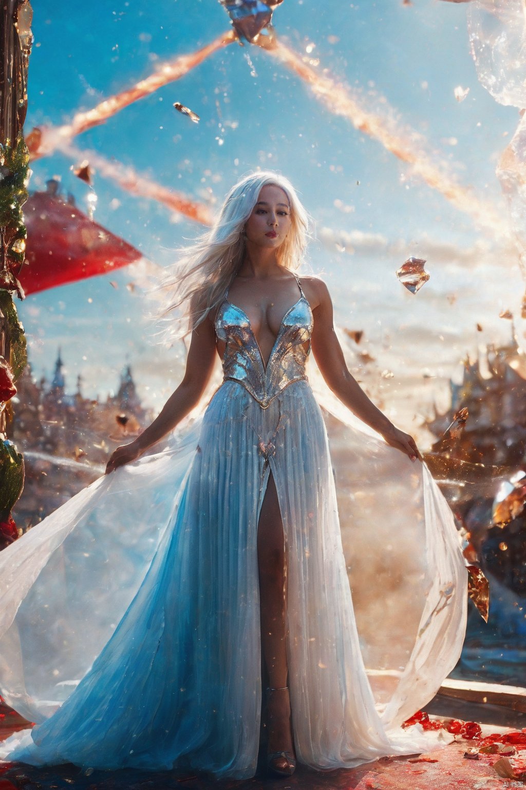  cinematic film still ((extremely detailed CG unity 8k wallpaper)), masterpiece, ultra-detailed, floating, high resolution, sexually suggestive, (petite, absurdly long white hair, princess, white mage, blue eyes, (ornate long white and red see through layered long dress ,shallow depth of field, vignette, highly detailed, high budget, bokeh, cinemascope, moody, epic, gorgeous, film grain, grainy, __detail__, __detail__., Dilireba, strOng woman bodybuilder,Woman body,BIKINI RUANYI0072 SHINY SKIN THONG,KALEIDOSHATTER