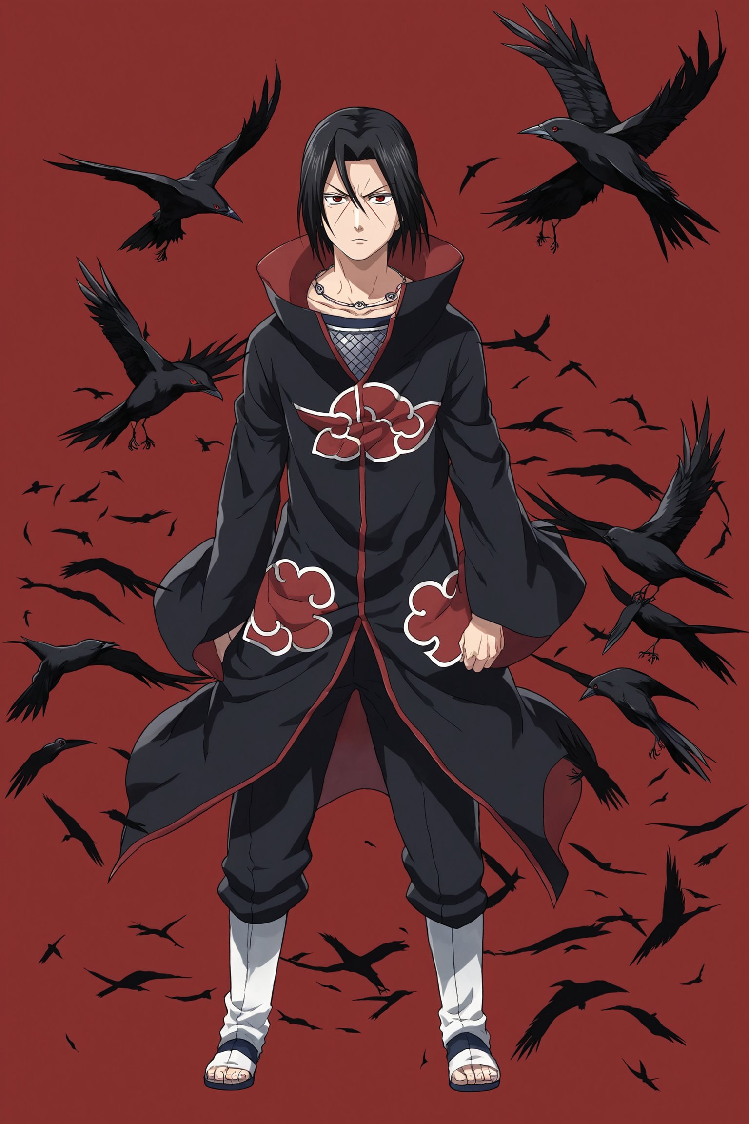 score_9, score_8_up, score_7_up, source_anime, 1boy, uchiwa5, black hair, sharingan, red eyes, male focus, solo, akatsuki uniform, abstract art, full body, crows, red background, (serious)