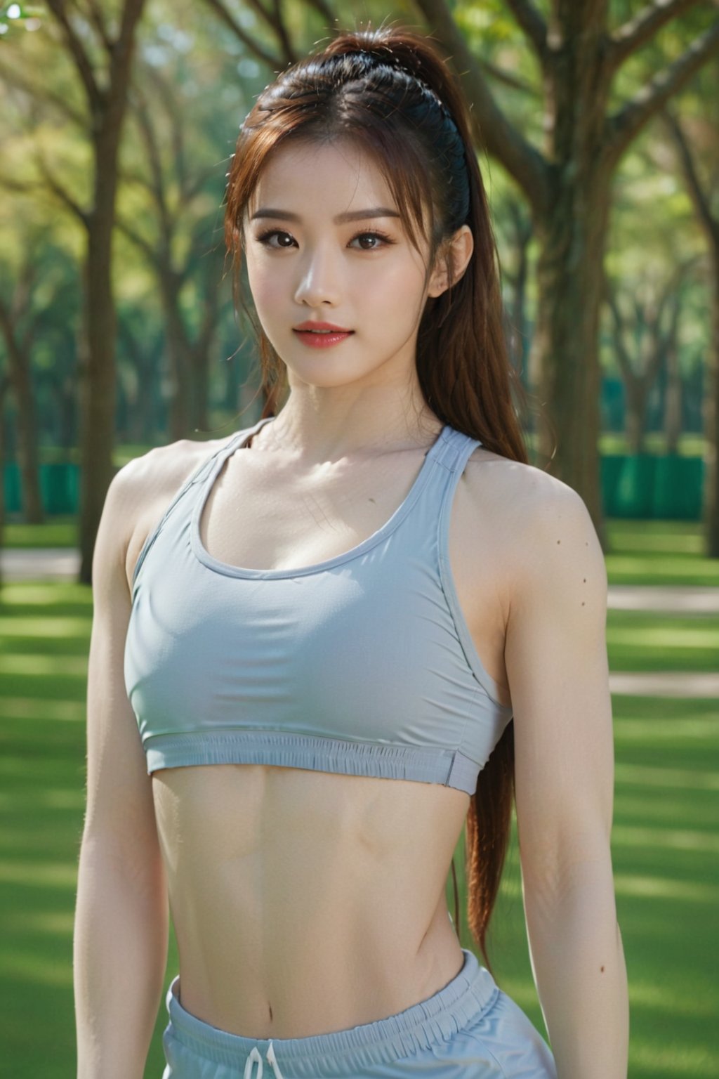 wo_p3rfb0dy01, pale skin, woman wearing a gym outfit, long hair, in a park, solo, mastepiece, 8k, high_res, studio lighting, hyperdetailed,photorealistic,(Gianna2:1.3)