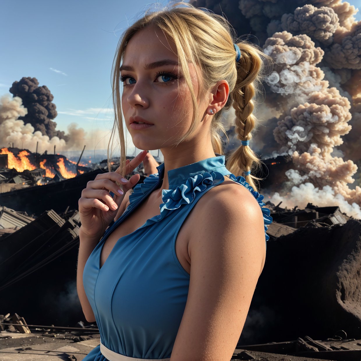 masterpiece, best quality, Bubbles, blue dress, blonde pigtails, pretty face, insanely detailed eyes, intense look, fighting pose, destroyed city, distant fires, rising smoke