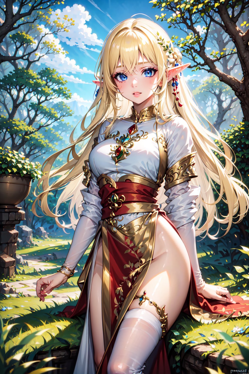 Pretty and charming elf girl. She wears a very elegant elf princess oufit. She is a very cute girl. Hyperdetailing masterpiece, hyperdetailing skin, masterpiece quality, with 4k resolution. Charming smile. long hair, himecut hairstyle, blonde hair. Majestic forest in background. She belongs to the nobility. tender and charming smile.,masterpiece