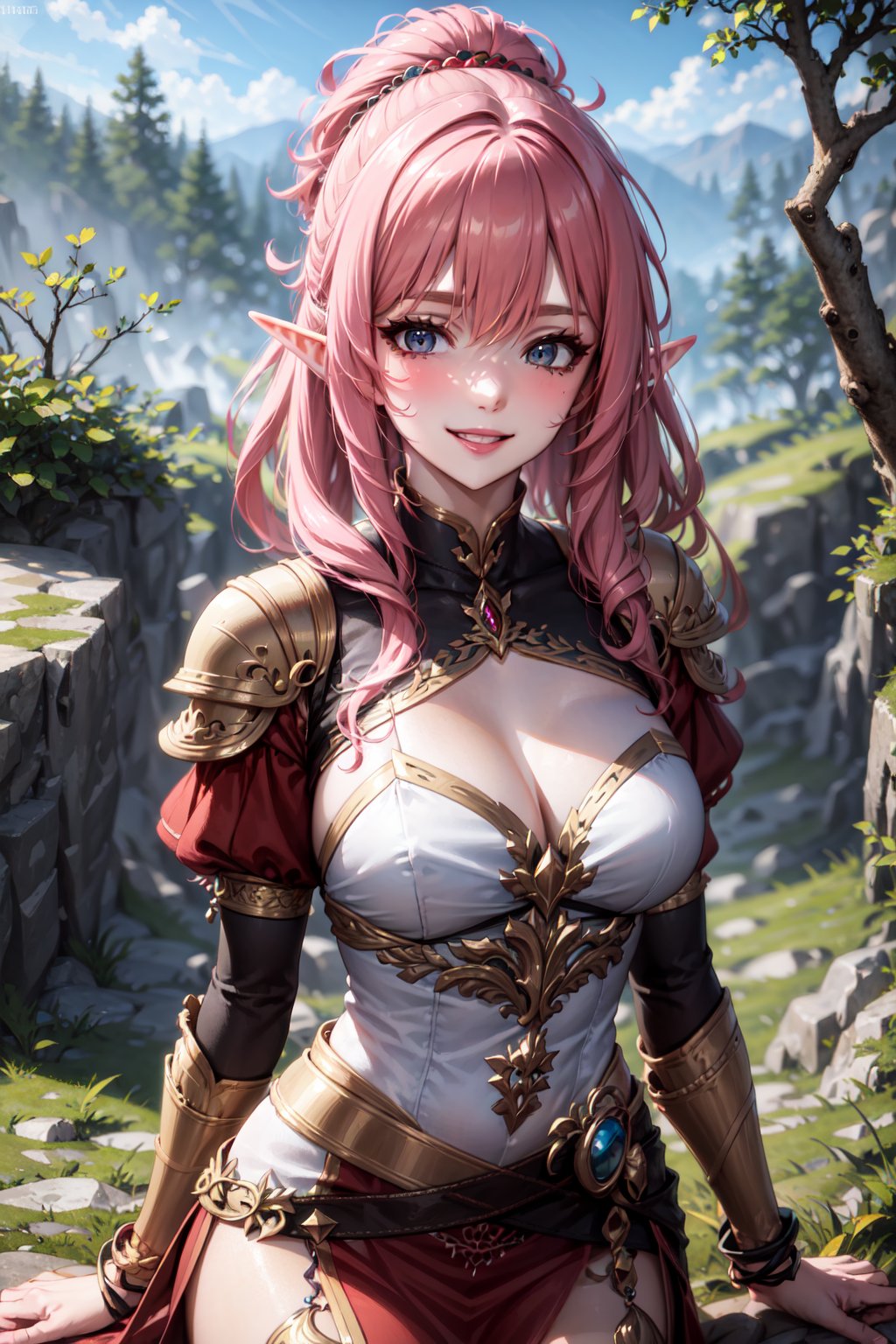 Pretty and wild elf girl. She wears a very elegant elf warrior armor. She is a very badass and cold girl. Hyperdetailing masterpiece, hyperdetailing skin, masterpiece quality, 8k resolution. Wild smile. long and messy hair, himecut hairstyle, black hair. Majestic forest in background. She belongs to the nobility. tender and charming smile.,masterpiece,Beautiful,Detail 