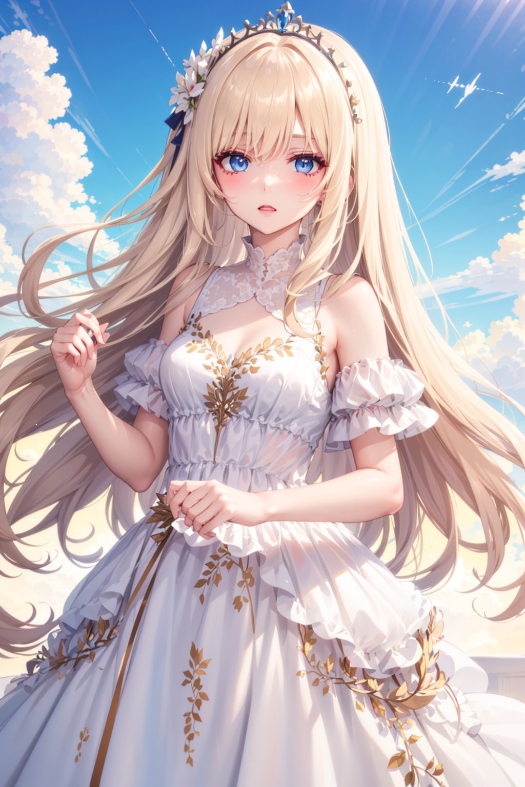 one girl, 
beautiful hands
,masterpiece,best quality, calca, blonde hair, long hair, medium chest, extremely long hair, very long hair, extra lonh hair, white tiara, white dress, blue eyes,Beautiful,Detail 