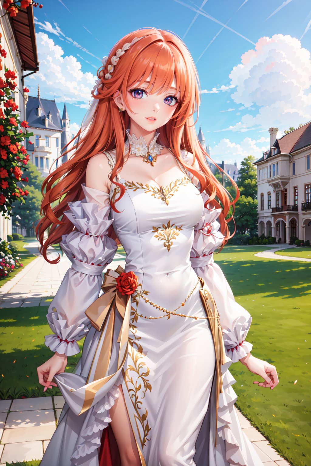 Pretty and charming girl. She wears a very elegant noblewoman oufit. She is a very cute girl. Hyperdetailing masterpiece, hyperdetailing skin, masterpiece quality, with 4k resolution. Charming smile. long hair, himecut hairstyle, orange hair. Mansion in background. She belongs to the nobility. tender and charming smile.,masterpiece