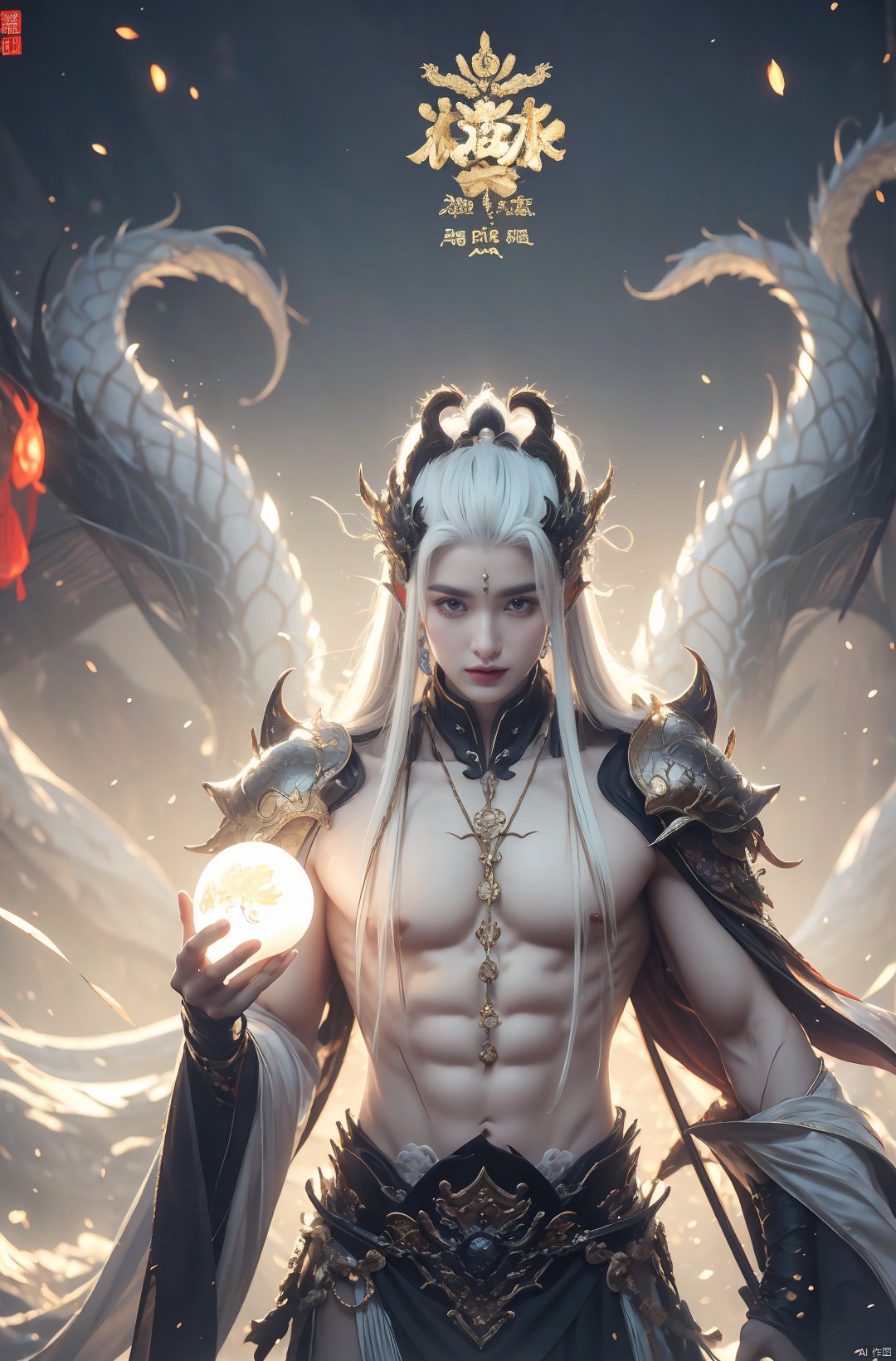  a woman with white hair holding a glowing ball in her hands, white haired deity, by Yang J, heise jinyao, inspired by Zhang Han, xianxia fantasy, flowing gold robes, inspired by Guan Daosheng, human and dragon fusion, cai xukun, inspired by Zhao Yuan, with long white hair, fantasy art style,,Ink scattering_Chinese style, smwuxia Chinese text blood weapon:sw, lotus leaf, (\shen ming shao nv\), gold armor, a boy_gmlwman, wunv, Nine tails