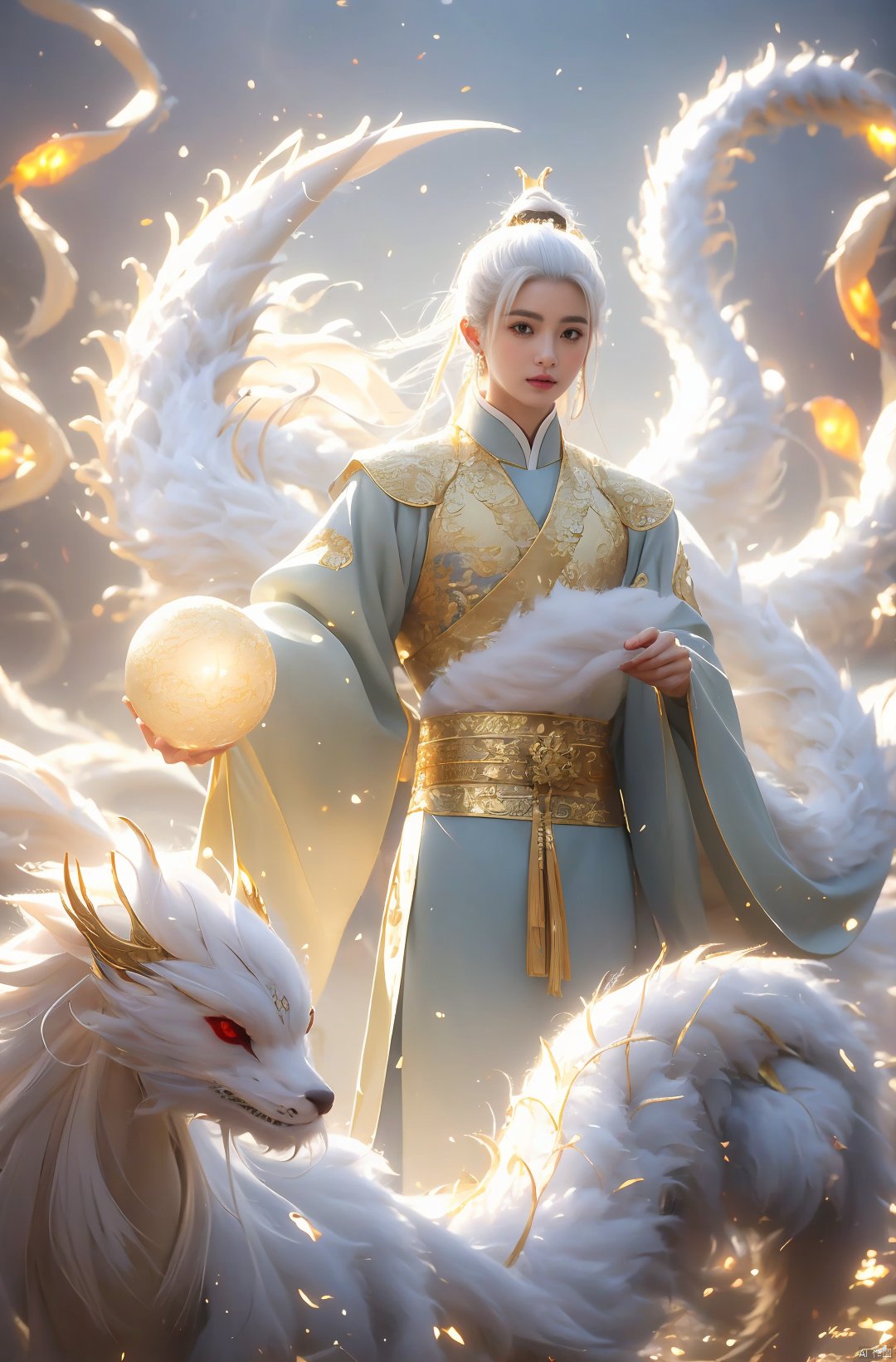  a woman with white hair holding a glowing ball in her hands, white haired deity, by Yang J, heise jinyao, inspired by Zhang Han, xianxia fantasy, flowing gold robes, inspired by Guan Daosheng, human and dragon fusion, cai xukun, inspired by Zhao Yuan, with long white hair, fantasy art style,,Ink scattering_Chinese style, smwuxia Chinese text blood weapon:sw, lotus leaf, (\shen ming shao nv\), gold armor, a boy_gmlwman, wunv, Nine tails, a dragon, lbb