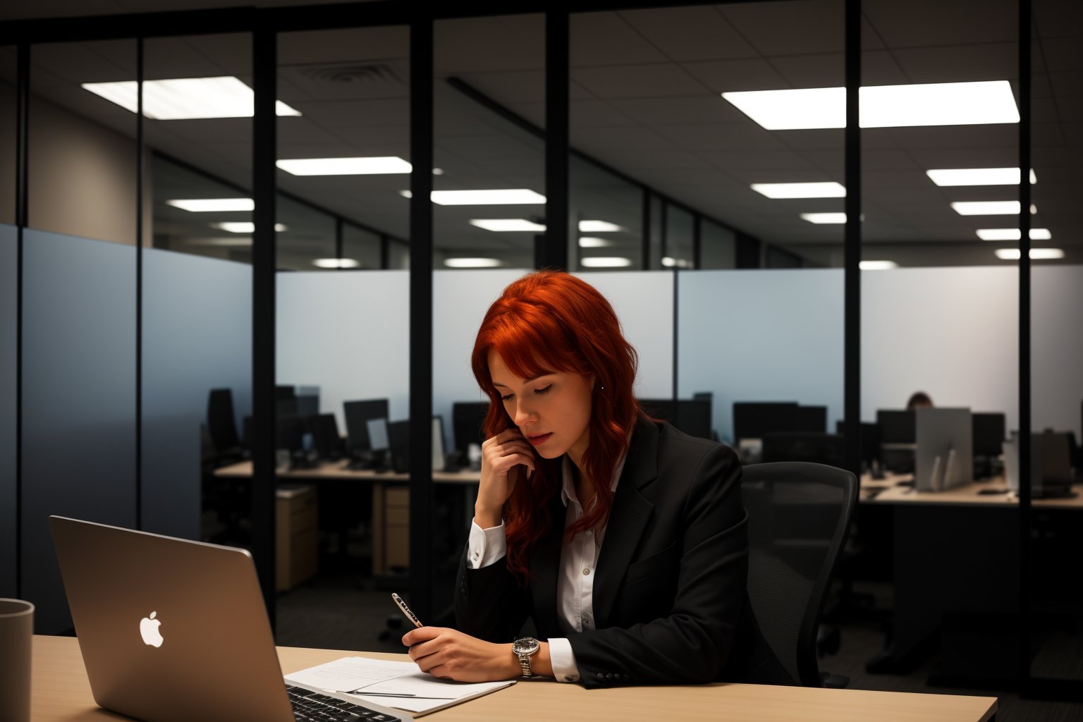 (Masterpiece, best quality, hi_res, extreme detail, perfect anatomy, perfect face), 1 beautiful woman,fiery red hair,beautiful labia,sat at her desk with a frown on her face. She was thinking hard in front of the computer. She had a PPT for tomorrow's meeting that she hadn't finished yet. It was already late at night, and she was the only one in the office still working overtime. Outside the glass curtain wall behind her is the bustling night of the city, reflecting her hard work.perfect body,photorealistic,androide18