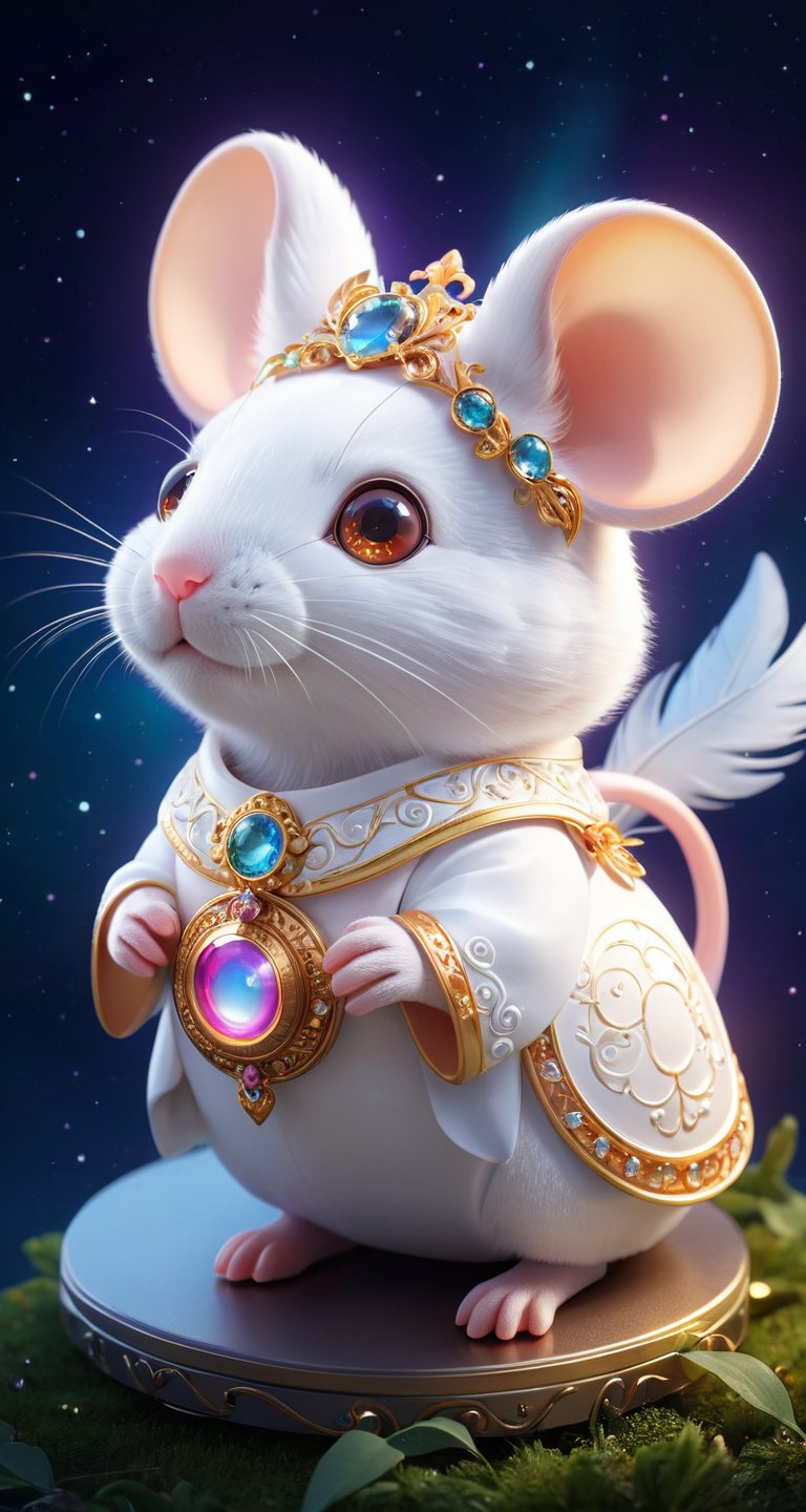 A mouse  white , small and cute,generate a celestial adorable non-human animal in the style of celestial and fantasy. the animal should be the most beautiful animal ever created. Consider details like fluffy and feathers and silk and satin and shimmer and glimmer. Include subtle details of phantasmal iridescence. emphasize small details of fantasy and ornate jewels. camera: utilize interesting and dynamic composition. enhance visual interest. lighting: use ambient lighting that enhances the ambiance of fantasy. include bold colors and deep shadows. hires, detailed eyes, hires detailed eyes, hires small details, ornate, intricate details, 8k, shimmer, unity, official cgi unreal engine, high resolution, (((masterpiece))), high quality, highres, detail enhancement, (bright and clear eyes), ,More Reasonable Details